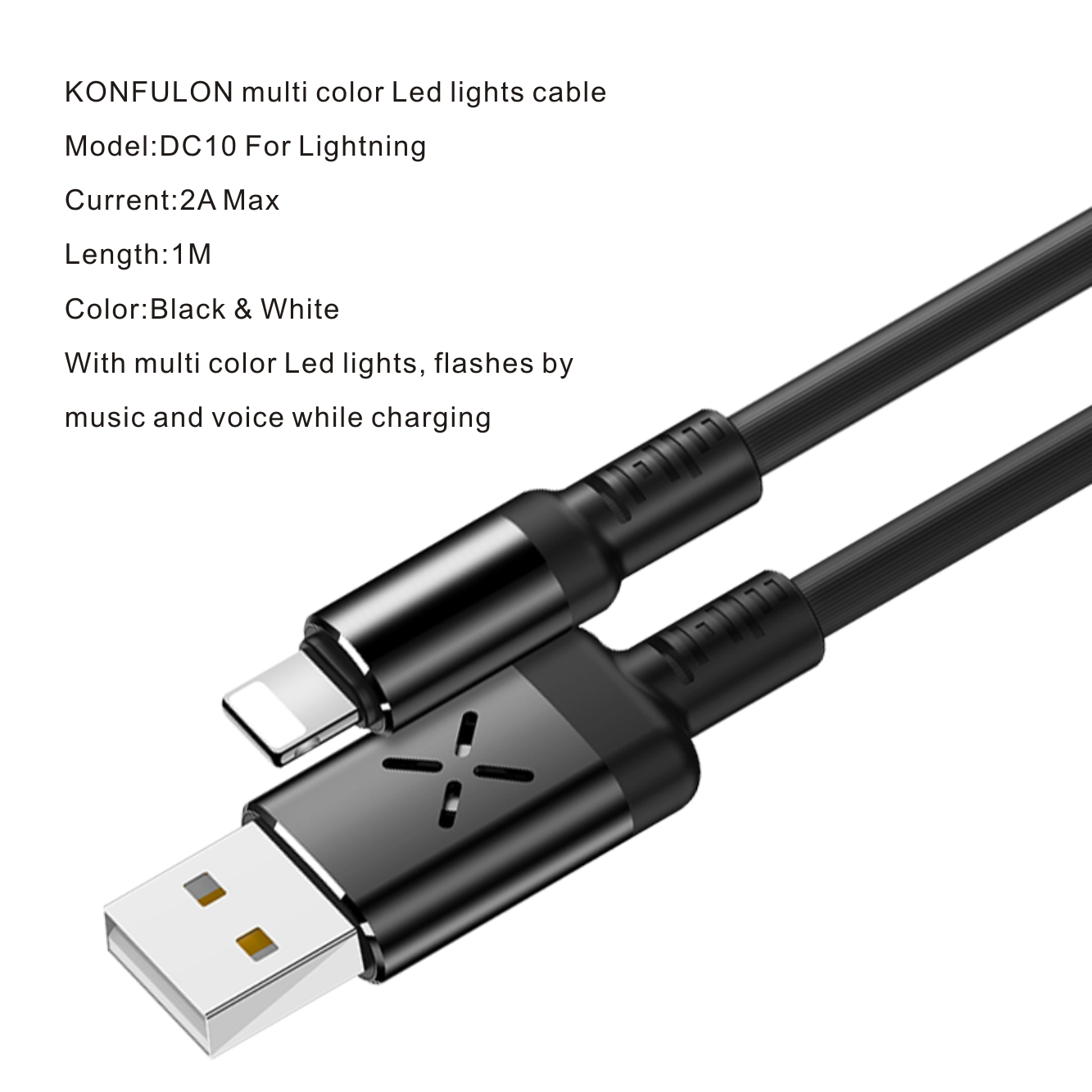 DC-10 Sese Duyarlı Işıklı 1M 2A Usb Lightning İphone Şarj Kablosu