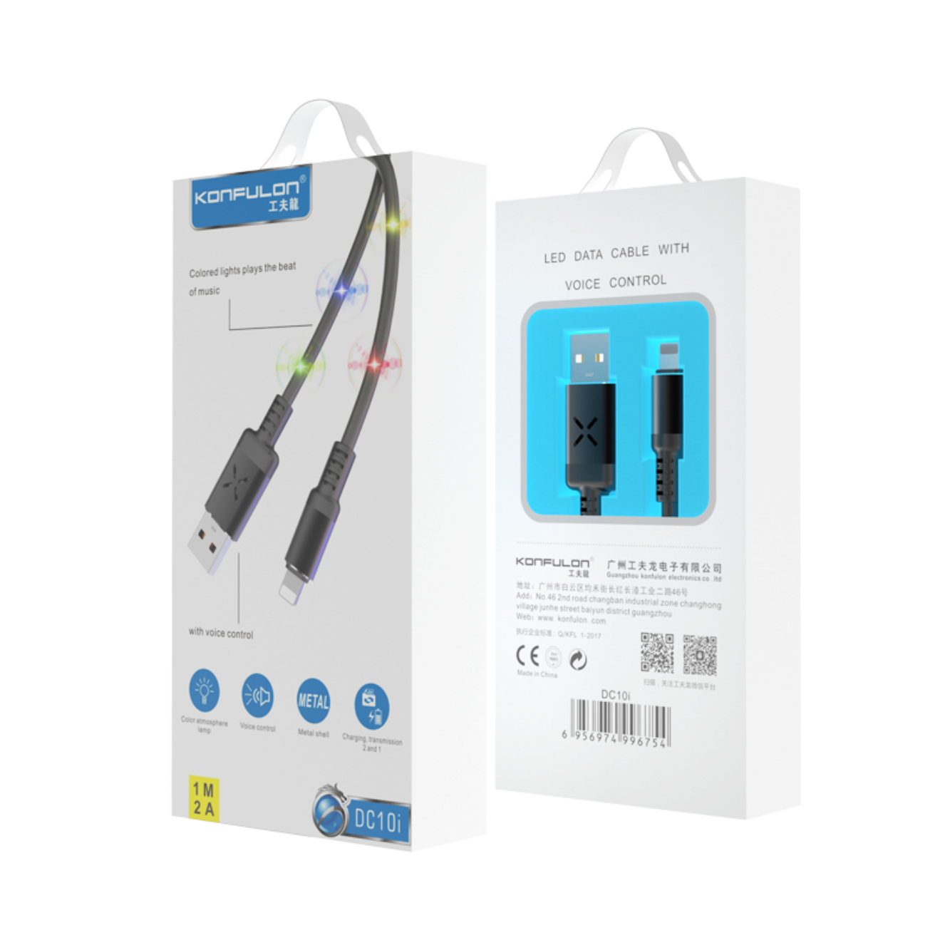 DC-10 Sese Duyarlı Işıklı 1M 2A Usb Lightning İphone Şarj Kablosu
