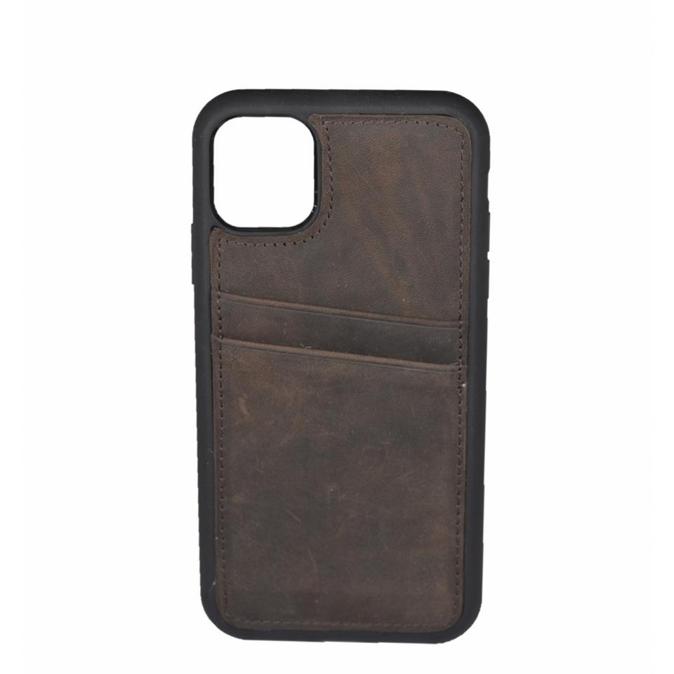 iPhone 11 Hakiki Deri Kapak Back Cover Kartlıklı Telefon Kılıfı Kahve
