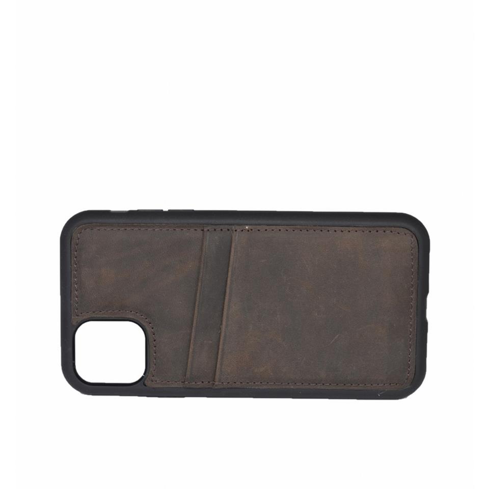 iPhone 11 Hakiki Deri Kapak Back Cover Kartlıklı Telefon Kılıfı Kahve