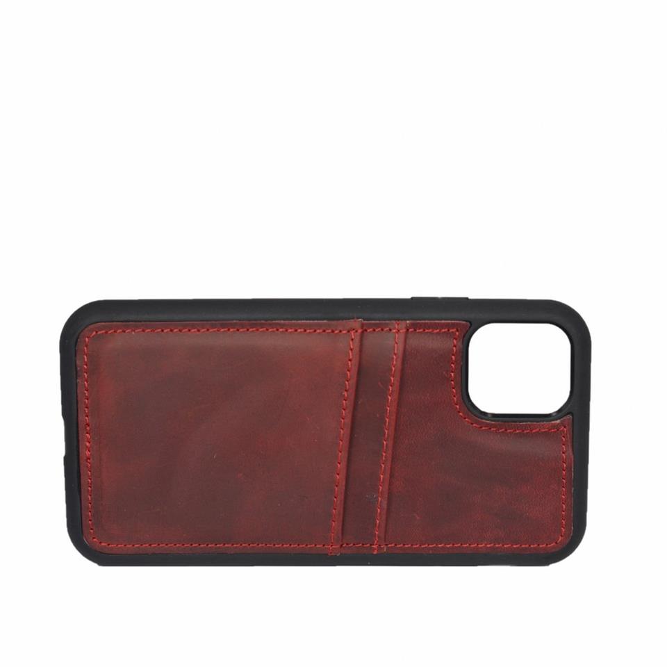 iPhone 11 Hakiki Deri Kapak Back Cover Kartlıklı Telefon Kılıfı Kırmızı