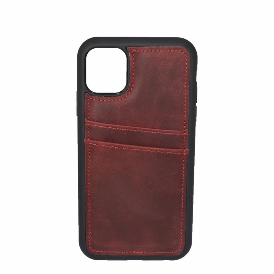 iPhone 12 Pro Max Hakiki Deri Kapak Back Cover Kartlıklı Telefon Kılıfı Kırmızı