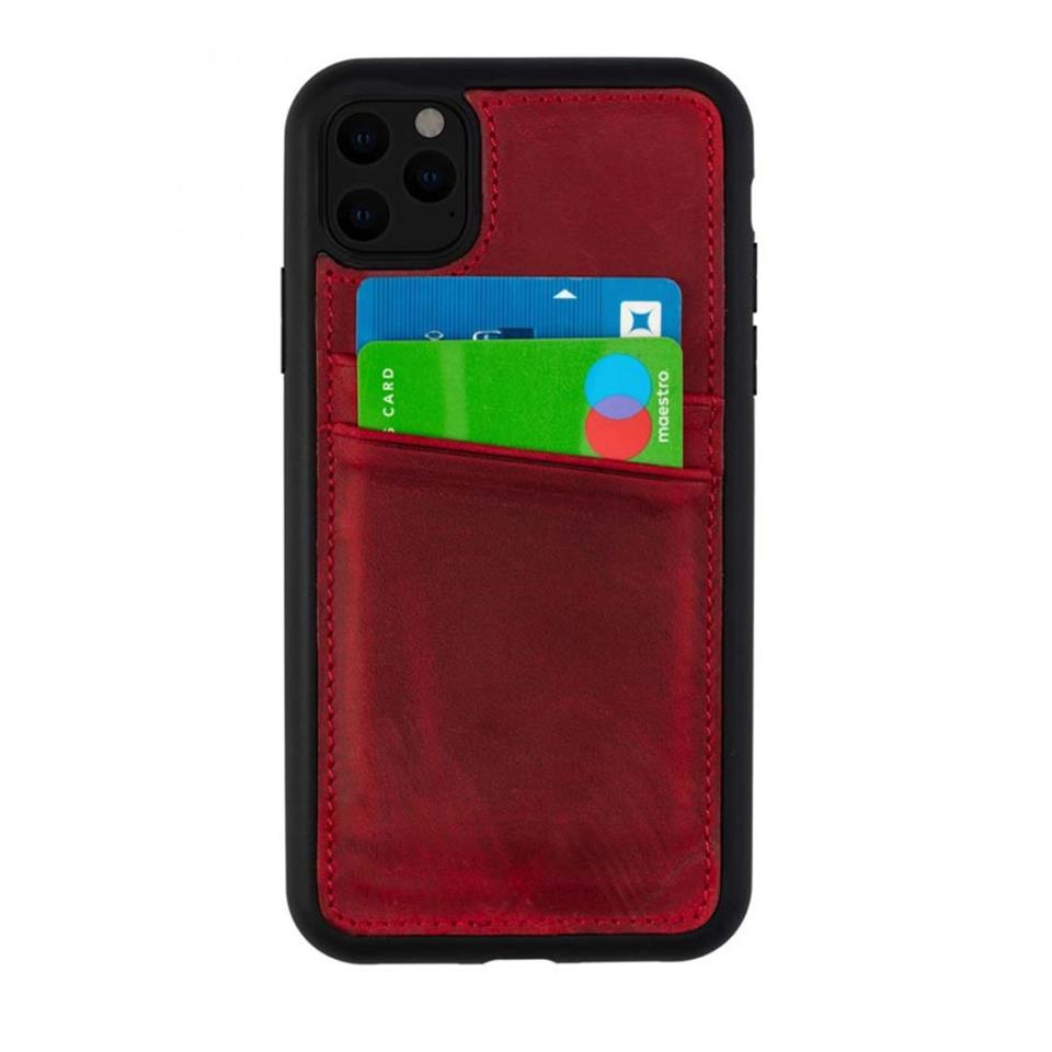 iPhone 12 Pro Max Hakiki Deri Kapak Back Cover Kartlıklı Telefon Kılıfı Kırmızı