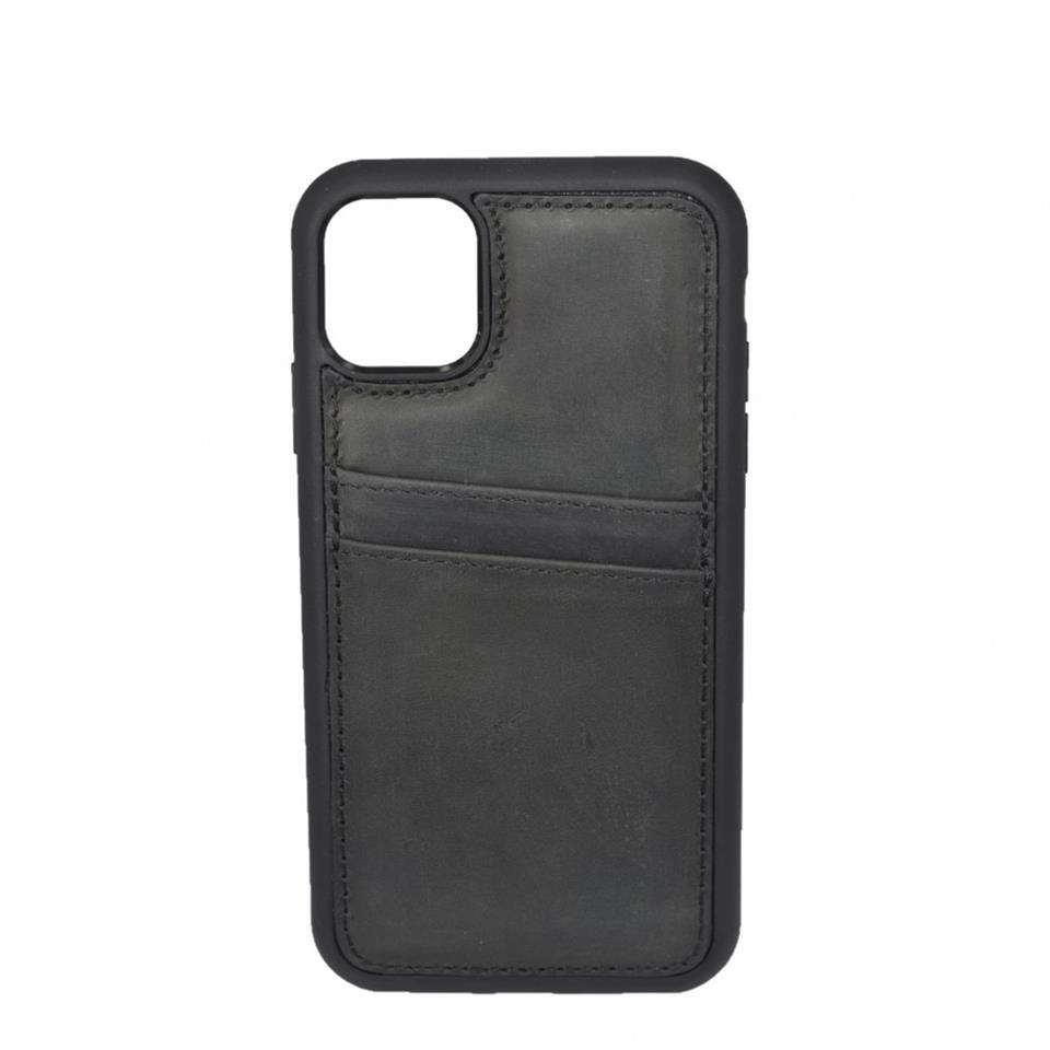 iPhone 12 Pro Max Hakiki Deri Kapak Back Cover Kartlıklı Telefon Kılıfı Siyah