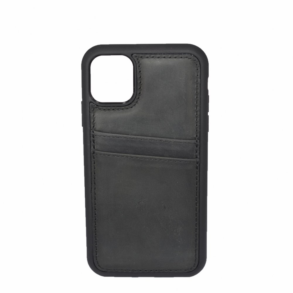 iPhone 12 ve 12 Pro Hakiki Deri Kapak Back Cover Kartlıklı Telefon Kılıfı Siyah