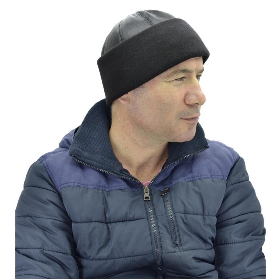 Hakiki Deri Ribanalı Kürklü Şapka Bere Siyah