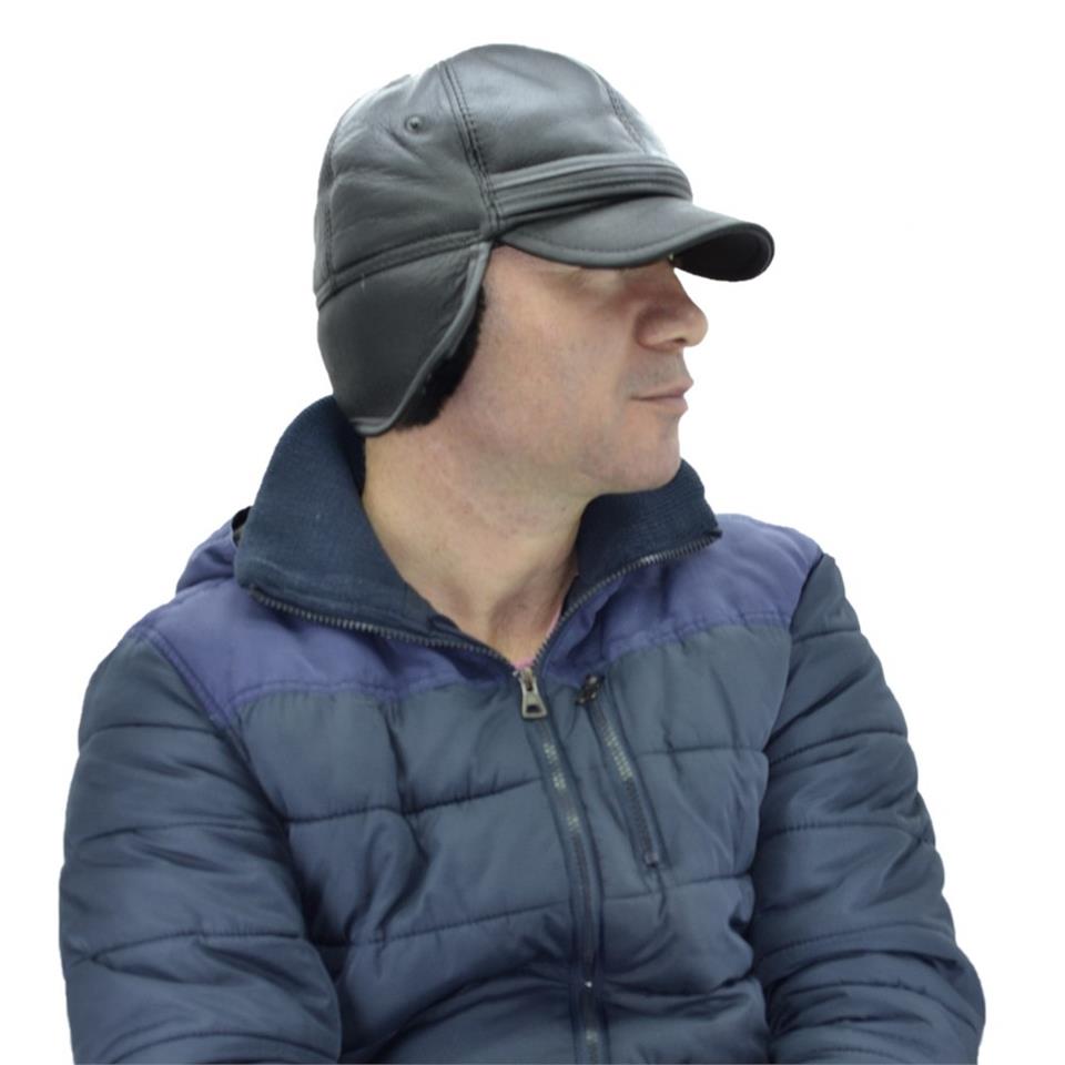 Hakiki Deri Siperlikli Kürklü Pilot Şapka Bere Siyah
