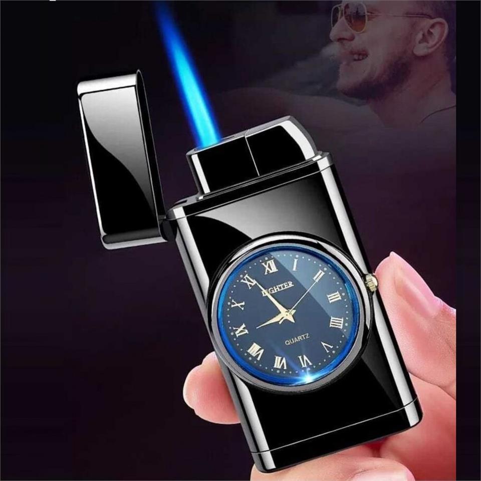 Quartz Saatli Torch Jet Çakmak Siyah