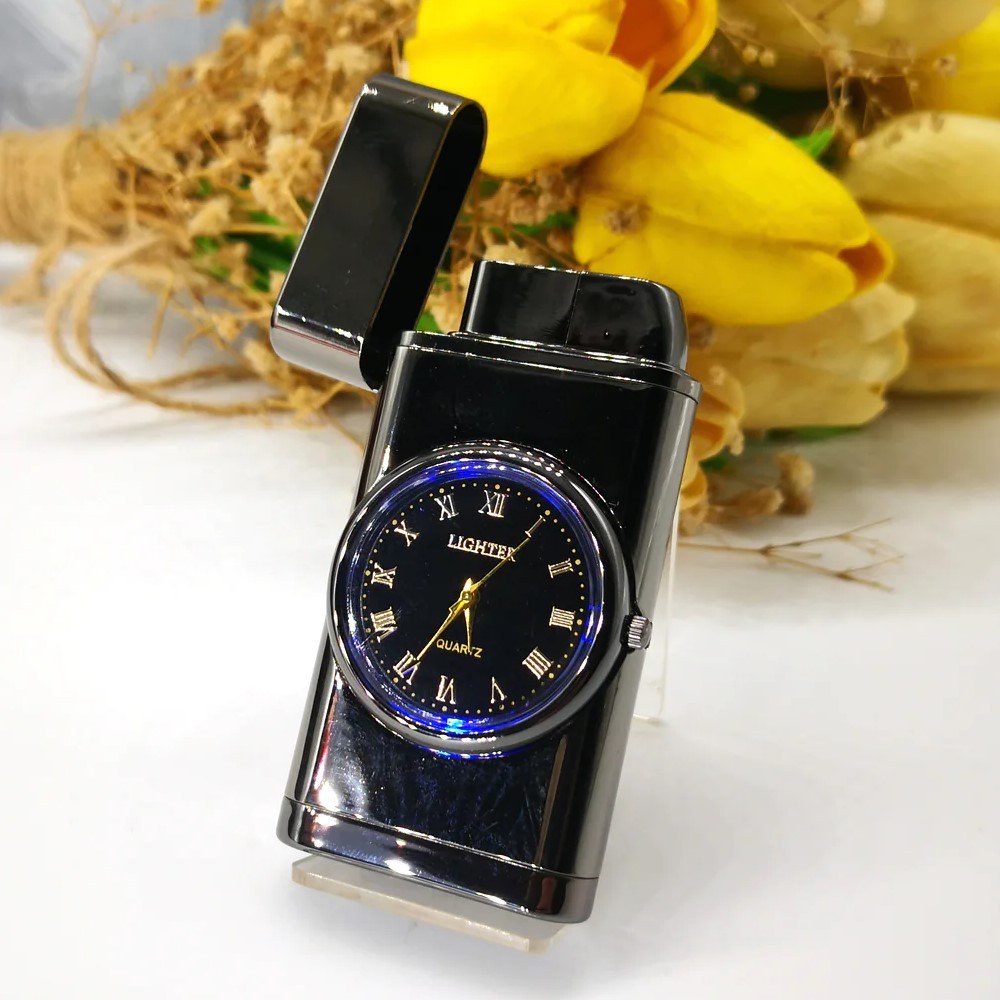 Quartz Saatli Torch Jet Çakmak Siyah