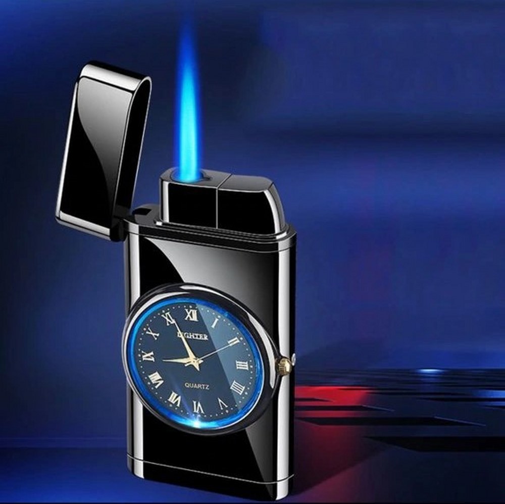 Quartz Saatli Torch Jet Çakmak Siyah