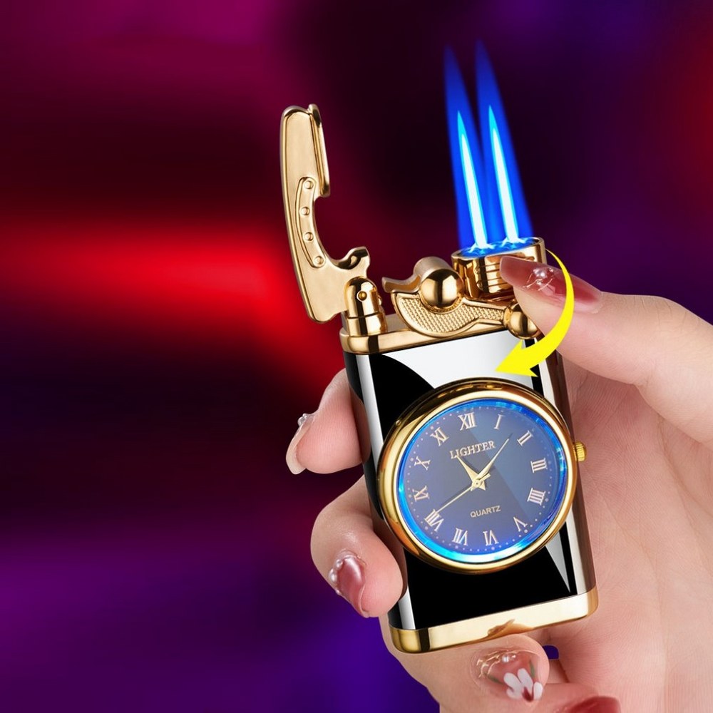 Quartz Saatli Çift Torch Jet Çakmak Siyah