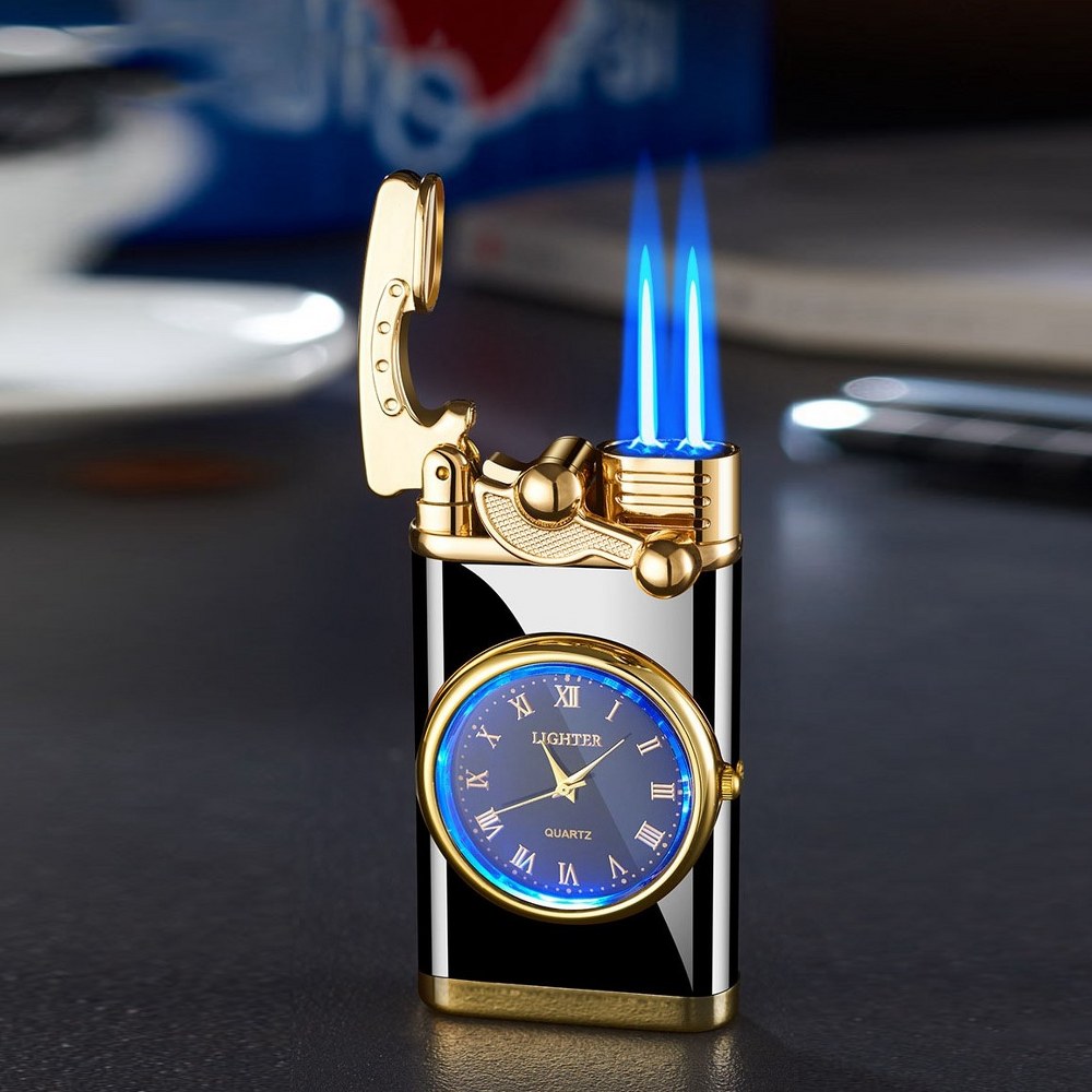 Quartz Saatli Çift Torch Jet Çakmak Siyah
