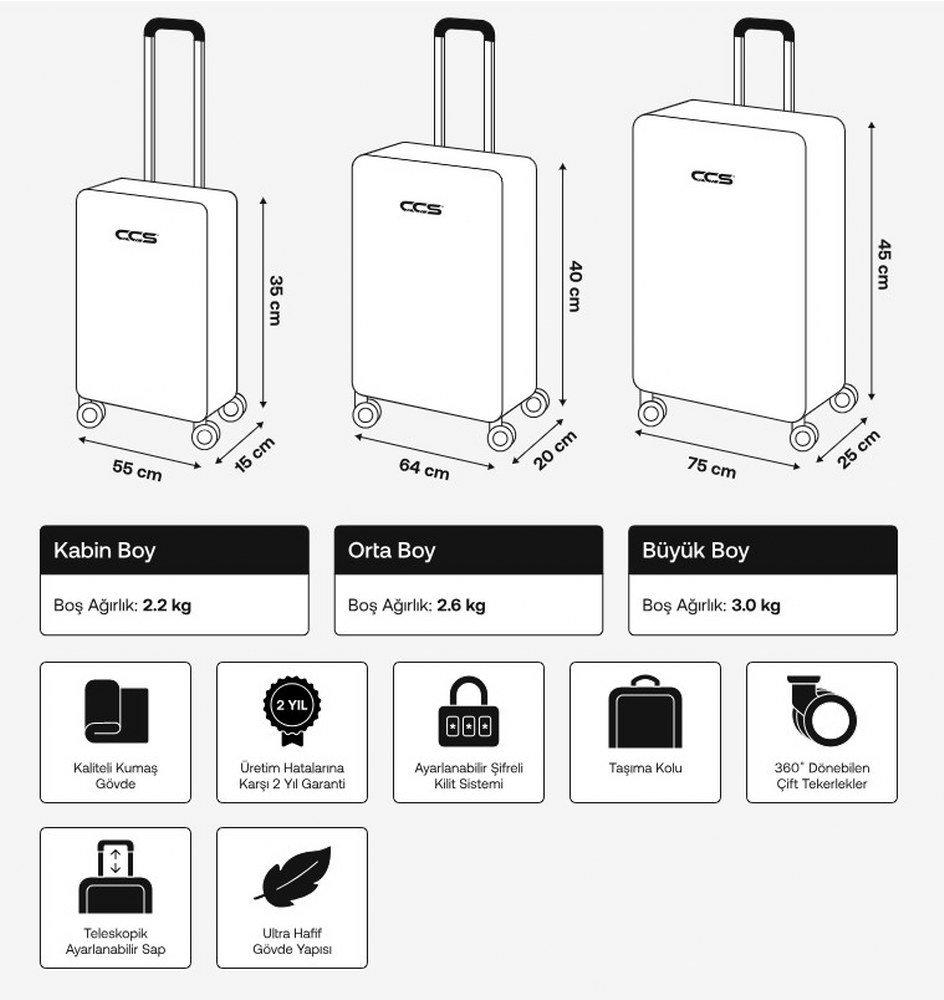 ÇÇS 620 Kumaş 3 Lü Valiz Set Gri