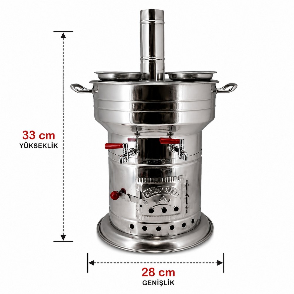Paslanmaz Çelik 10 litre Çift Hazneli Demlikli Semaver