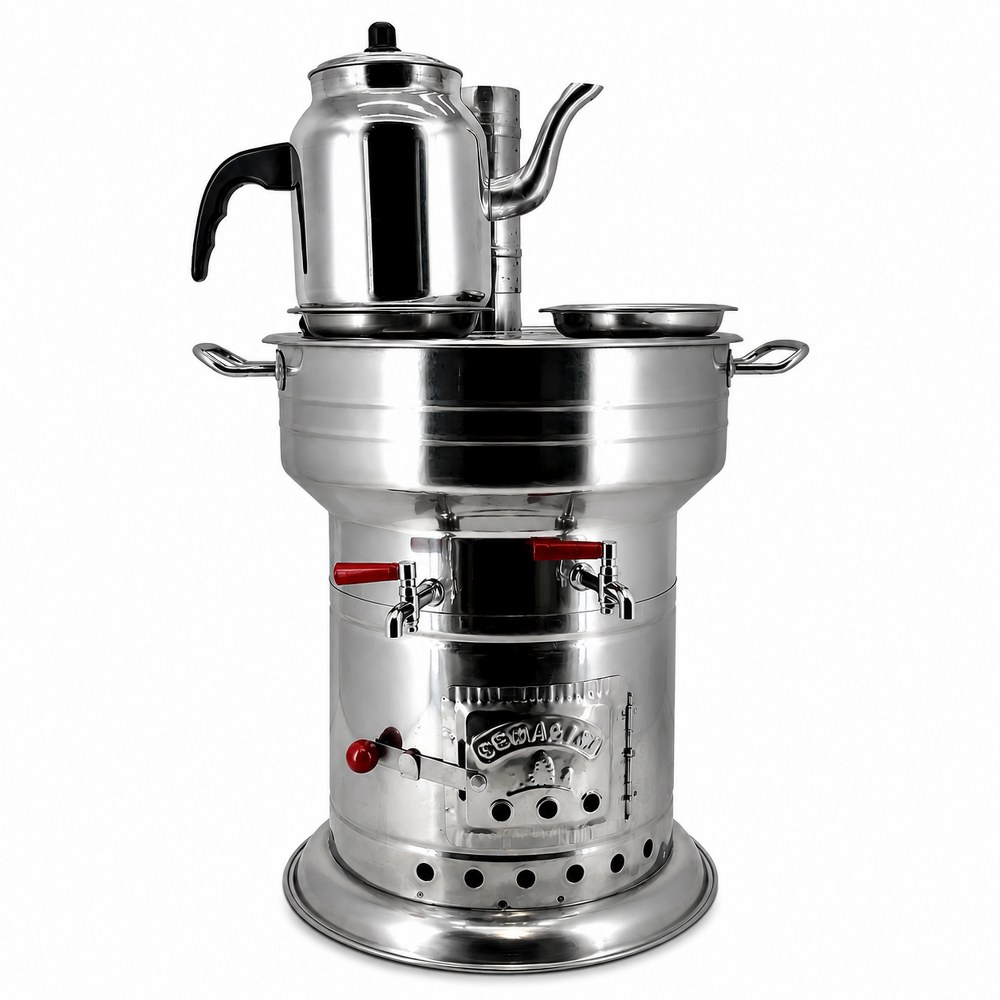 Paslanmaz Çelik 10 litre Çift Hazneli Demlikli Semaver