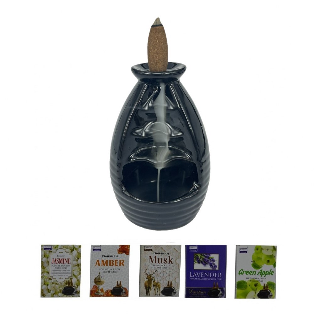 Porselen Geri Akış Tütsü Brülörü +5 Aromatik Tütsü CA4 Siyah