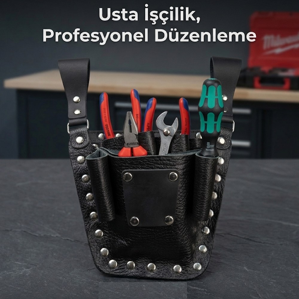 Hakiki Deri Teknisyen Bel Çantası - Elektrikçi Organizer ve Alet Kemeri Çantası