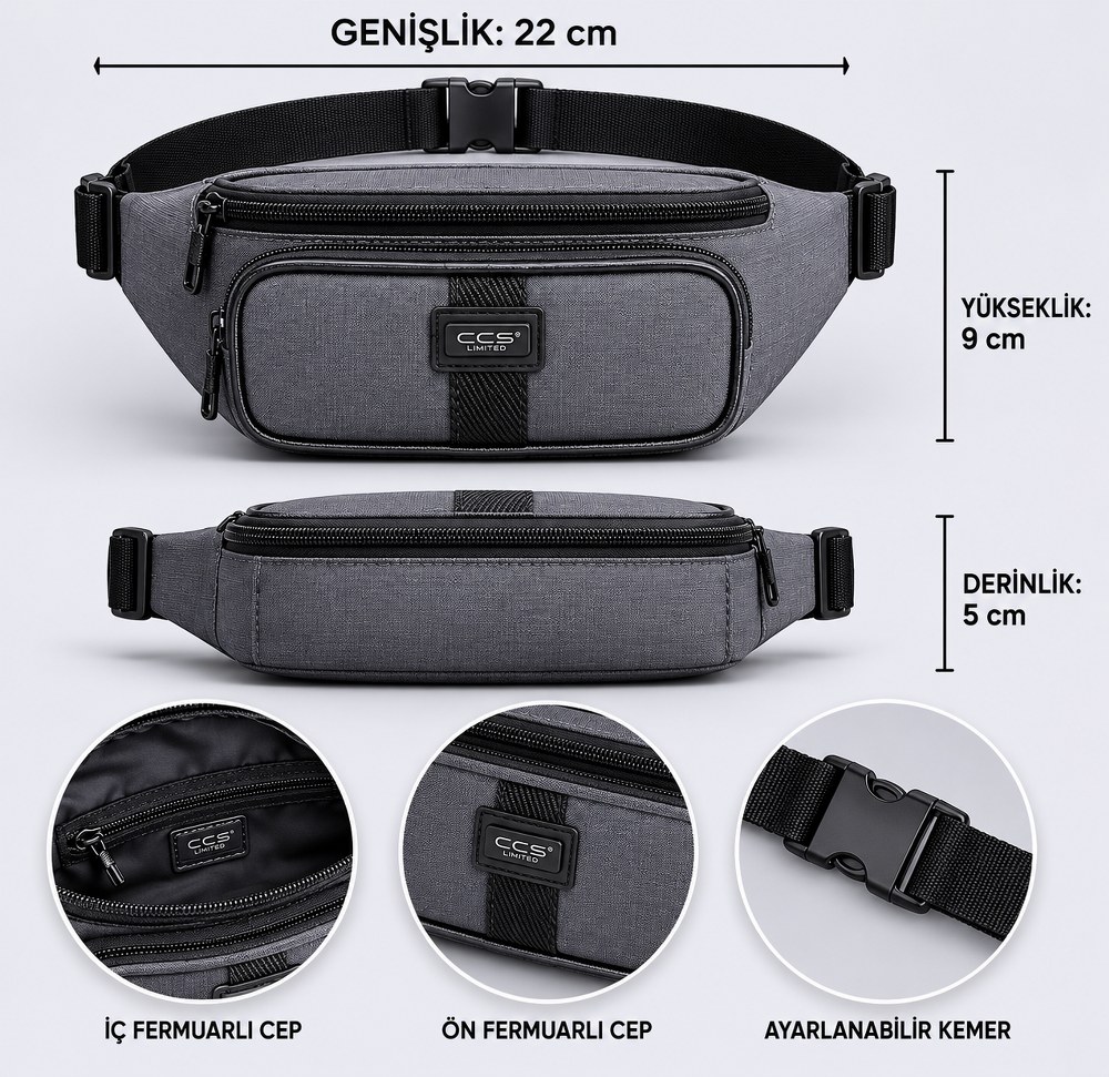 ÇÇS 31642 Pratik ve Kompakt Bel Çantası - Günlük Kullanım Gri