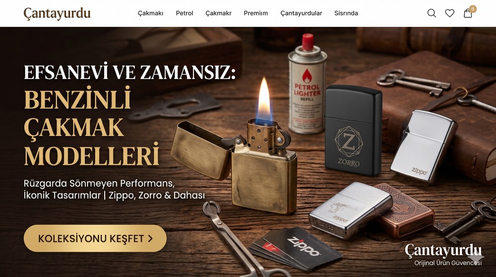 Efsanevi rüzgar koruması ve karakteristik kapak sesi! Zippo ve Zorro başta olmak üzere en iyi benzinli çakmak modellerini ve aksesuarlarını Çantayurdu'nda keşfedin.