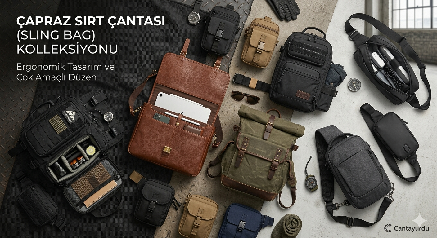 Cantayurdu özel koleksiyonu: Su geçirmez kumaş, ayarlanabilir ergonomik askı ve gizli bölmelere sahip, hem göğüste hem sırtta taşınabilen premium çapraz sırt çantası (Sling Bag) modelleri.