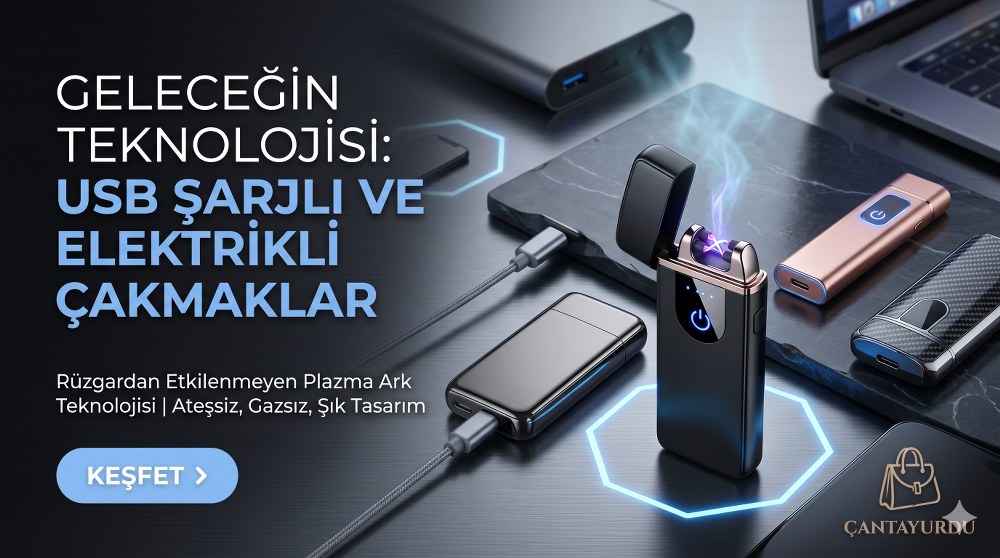 Ateşsiz, gazsız ve rüzgardan etkilenmeyen USB şarjlı çakmakları keşfedin! Plazma ark teknolojili, şık ve çevreci elektrikli çakmak modelleri uygun fiyatlarla Çantayurdu'nda.